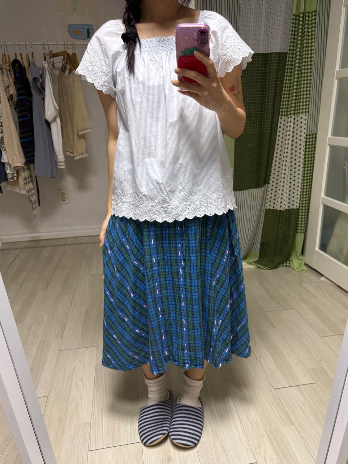 블루-그린 체크 미디 스커트 상품이미지8