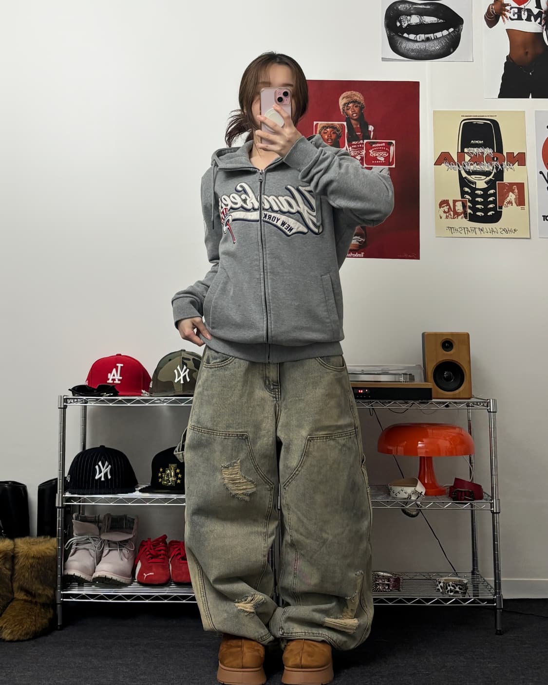 MLB 뉴욕 양키즈 스펠로고 그레이 후드집업 상품이미지3