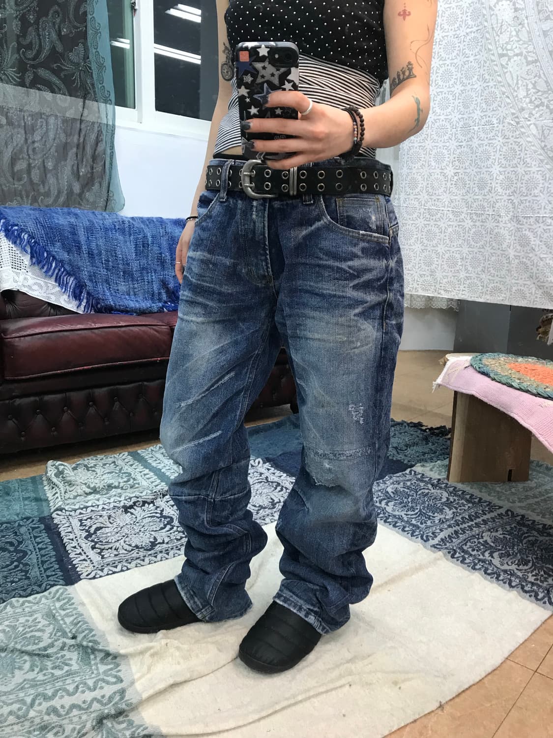 빈티지 패치워크 포켓 워싱 디스트로이드진  상품이미지2