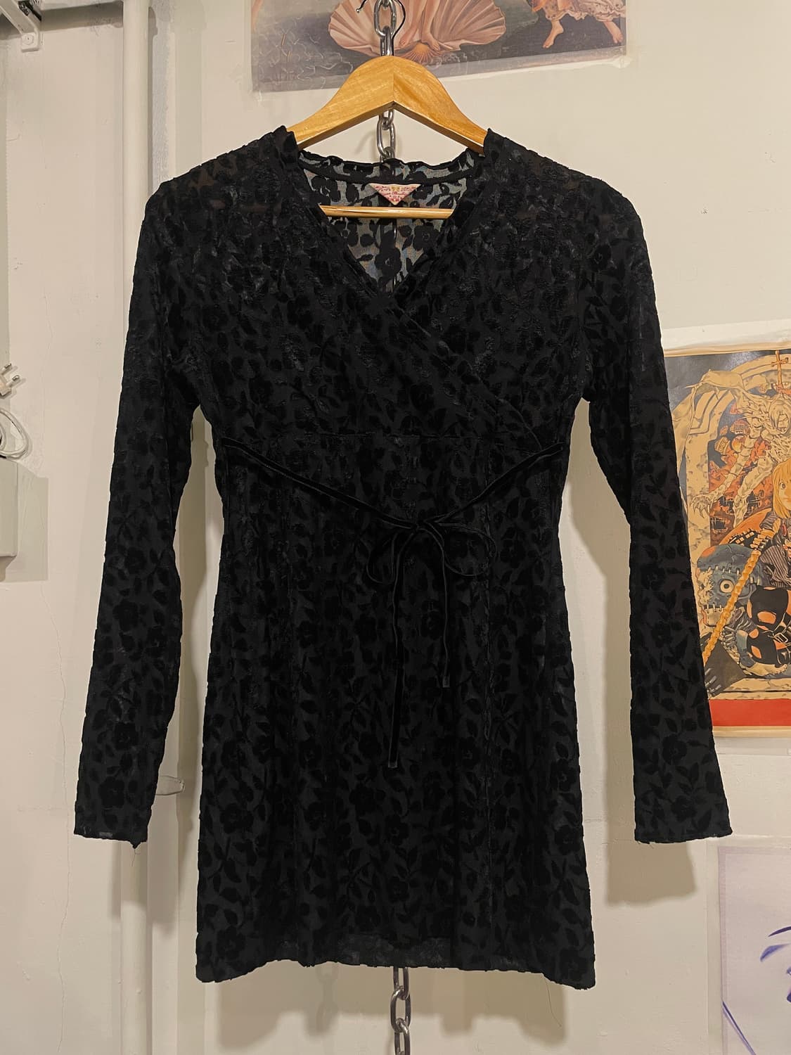 오리엔탈 스웨이드 플라워 자수 리본 블랙 탑 고스 펑크 상품이미지2