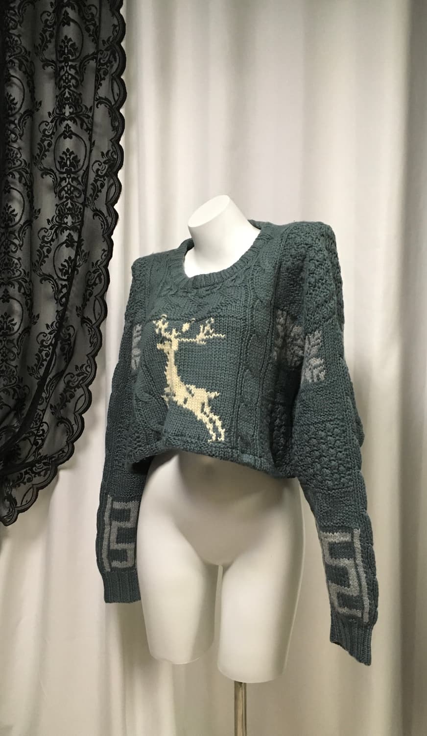 Vintage 커스텀 크롭 사슴 꽈배기 자수니트 틸블루 터콰이즈 청록 상품이미지4