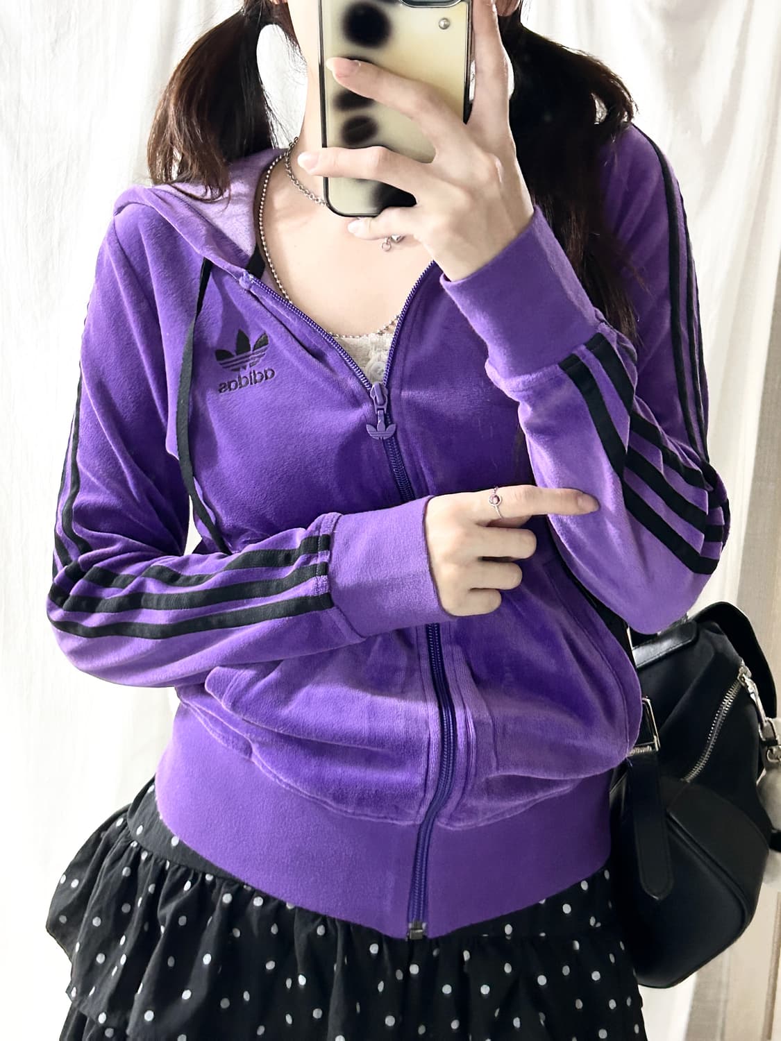 아디다스 자수로고 퍼플 삼선 벨벳 후드집업 상품이미지1