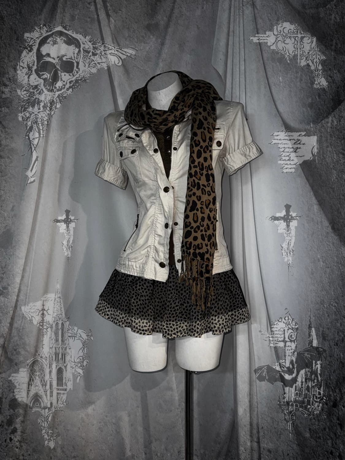 데일리 갸루와투케 갸투케 레오파드 그런지 화이트 집업 코디세트  상품이미지1