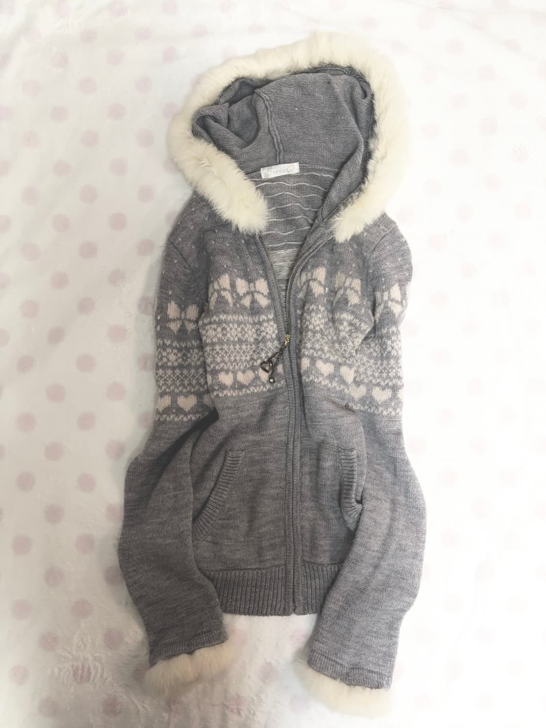 핀터레스트 일본빈티지 딸기우유 리본 퍼 니트 후드집업 히메갸루라떼갸루 상품이미지1