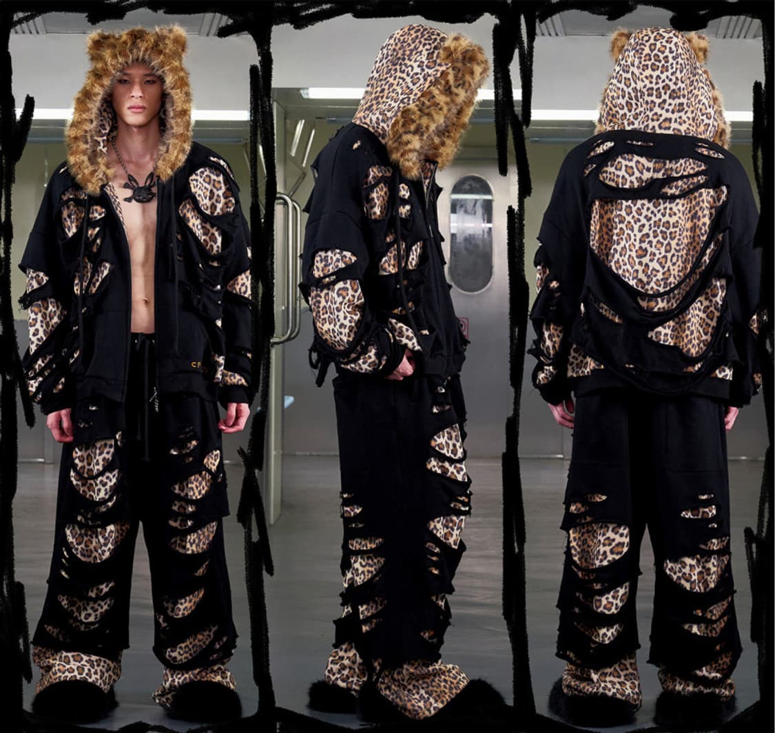 씨피어스 레오파드 레이어링 후드집업+팬츠 세트 셋업 상품이미지1