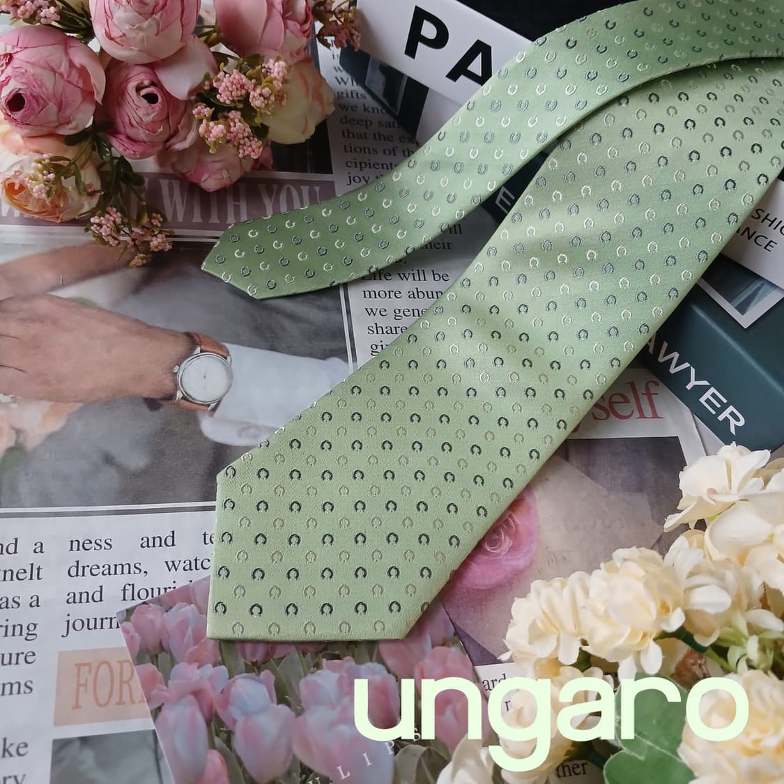 UNGARO 웅가로 실크 그린 패턴 넥타이 8.2cm A등급 E1039
 상품이미지2