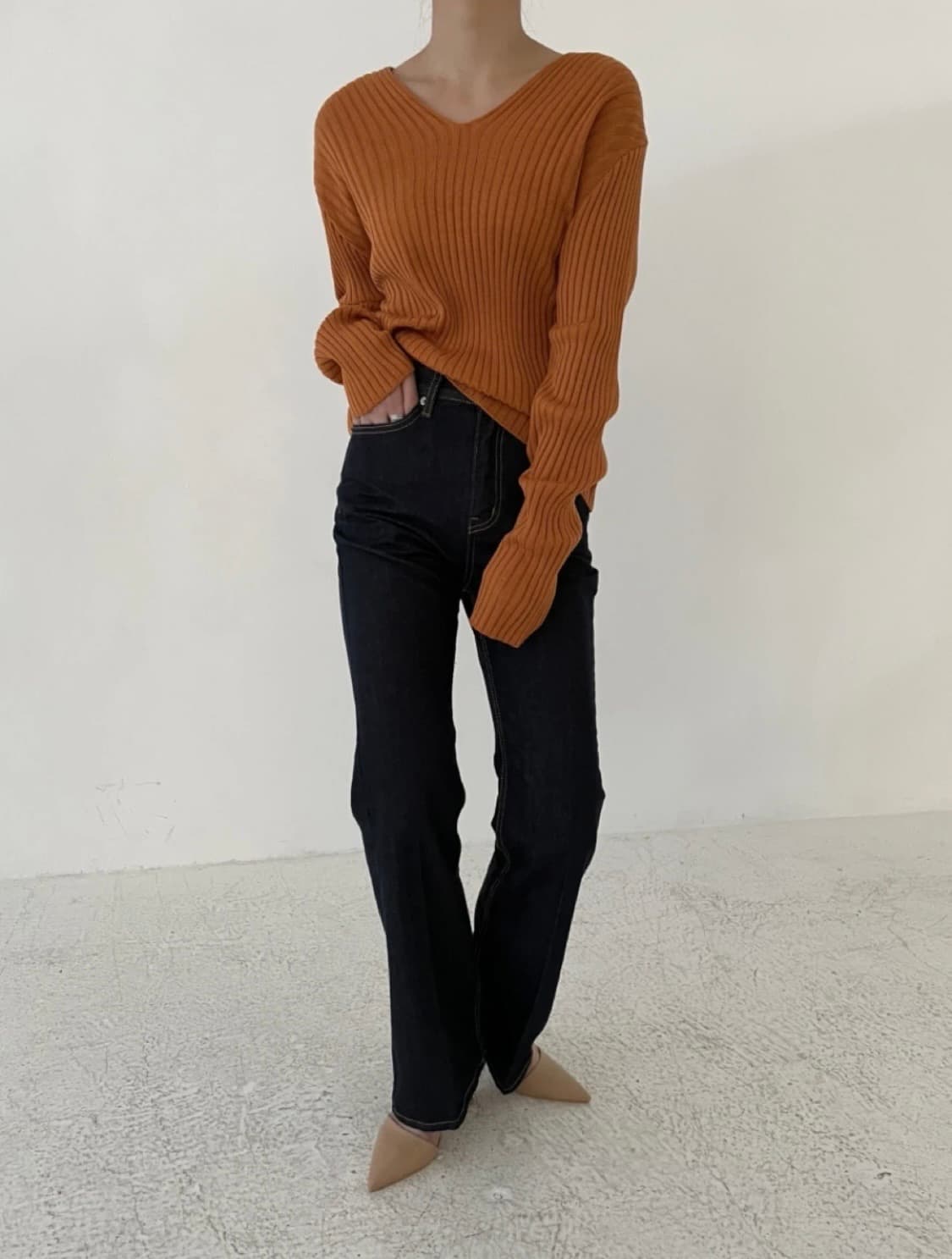 오렌지 브이넥 골지 니트 상품이미지3