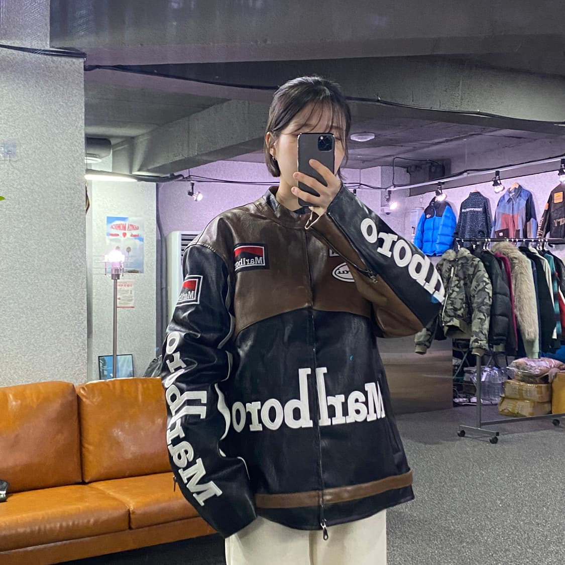 말보로 패치워크 브라운 배색 레더 레이싱 자켓 B3718 상품이미지1