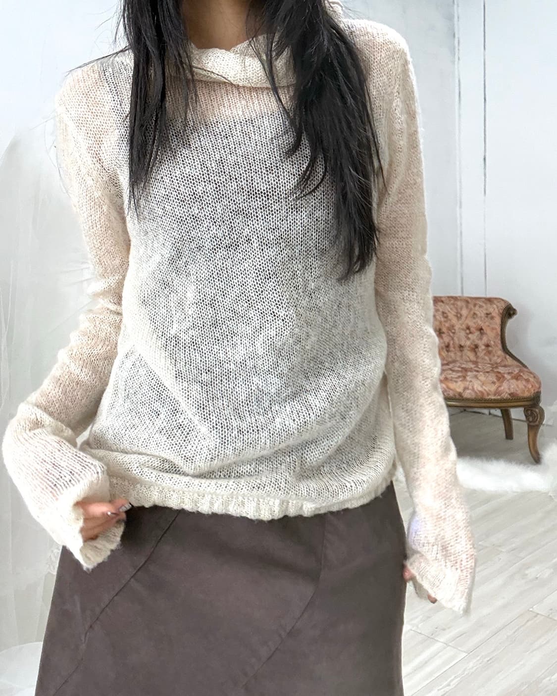 Light apricot Beige Ribbed Knit Turtlene 상품이미지4