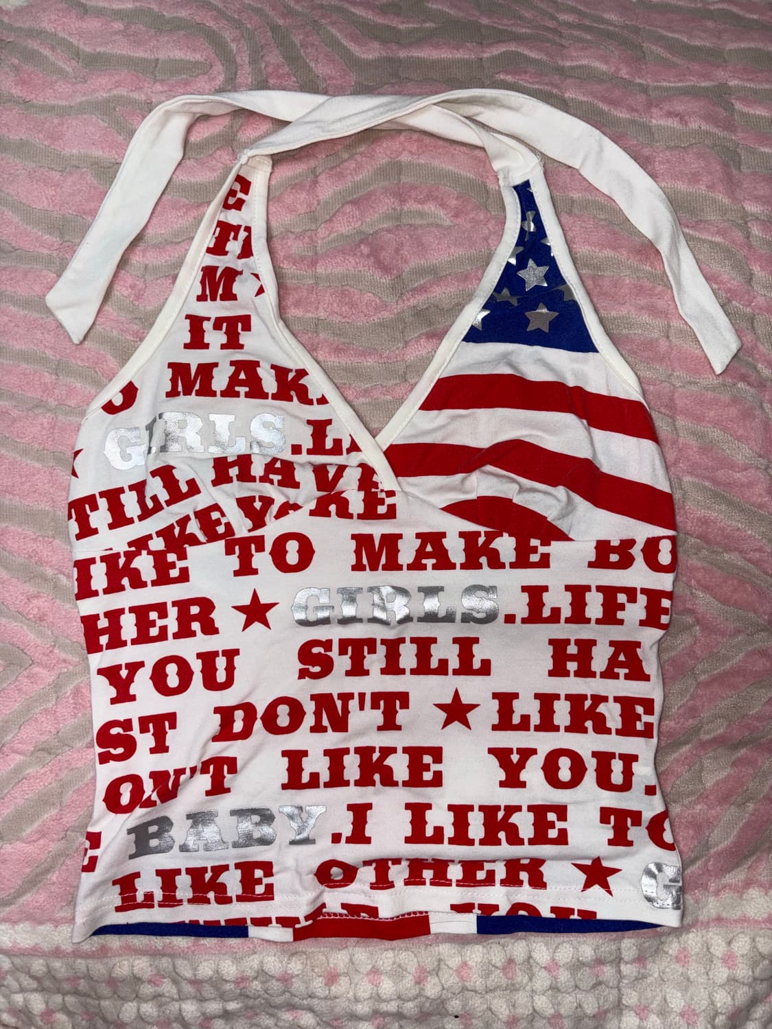 레터링×성조기 믹스 홀터넥 탑 팝걸 스타일  핫걸 바이브 갸루  상품이미지1