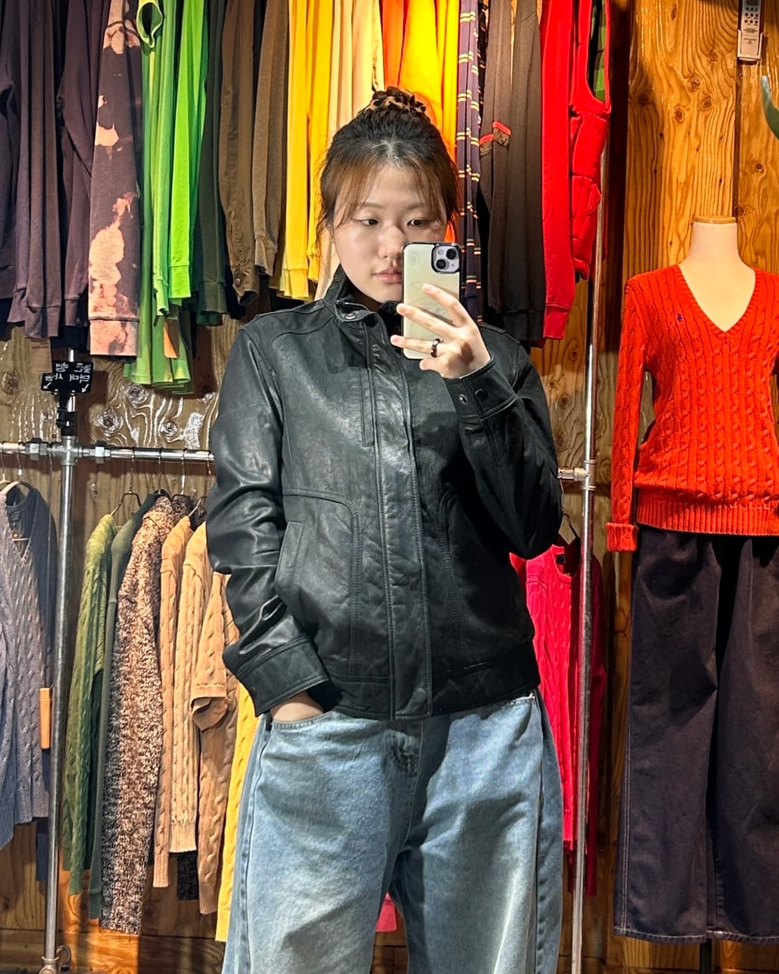 S 하이넥 워시드 블랙 레더자켓 상품이미지1