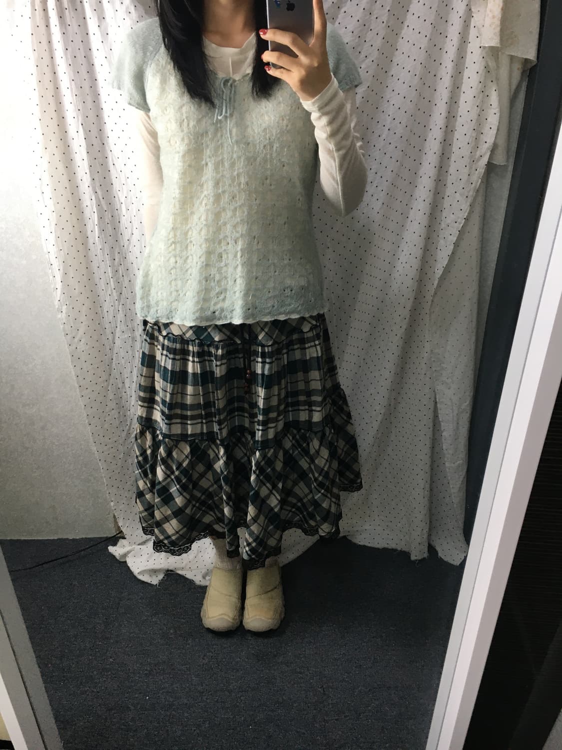 그린 체크 미디 스커트 상품이미지2