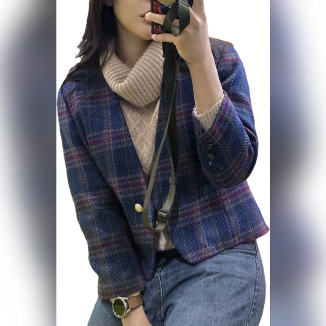 일본 빈티지 여성용 체크 트위드 울 자켓 상품이미지1