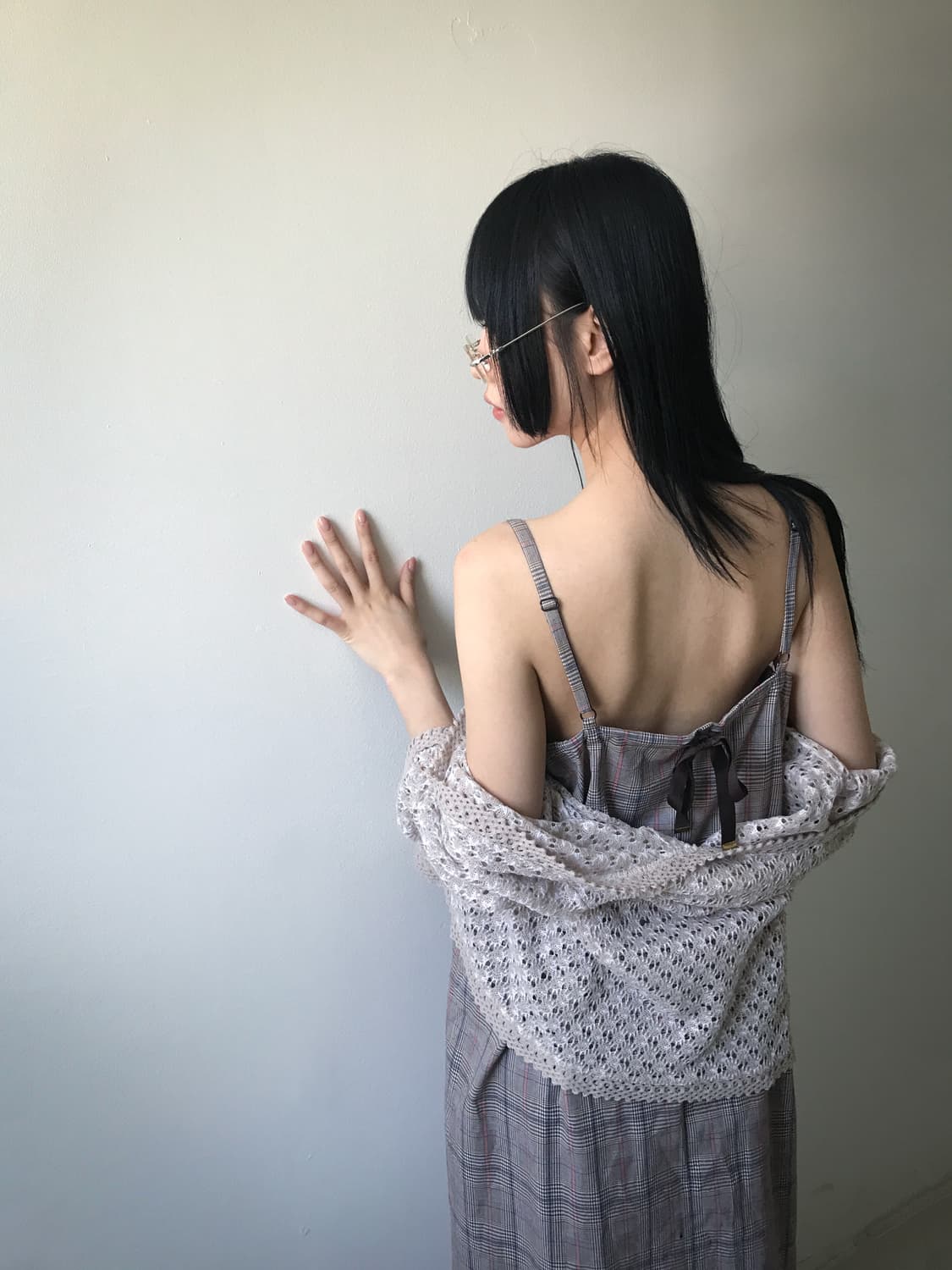 Back Ribbon Check Slip Dress 상품이미지1