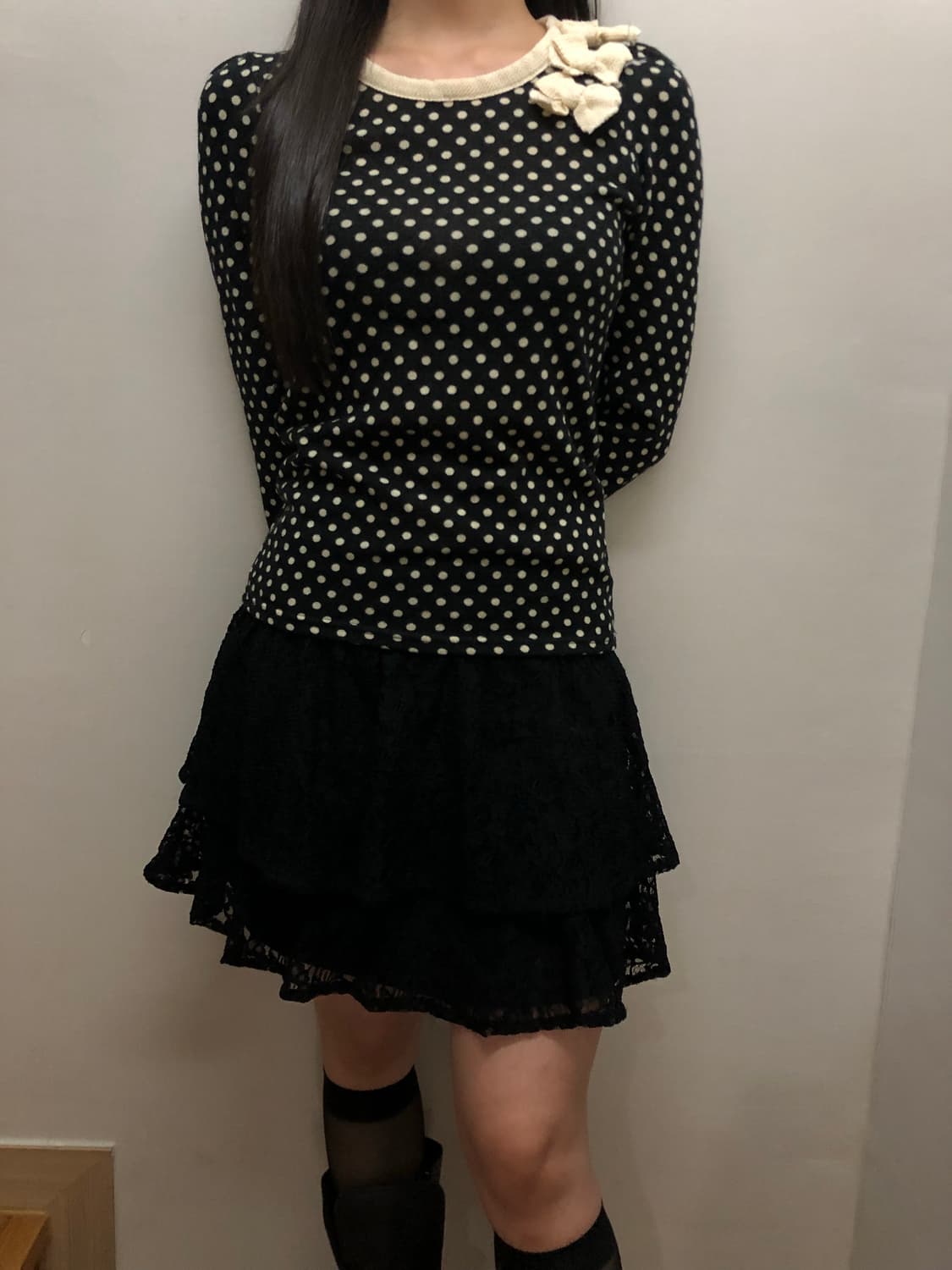 빈티지 블랙 도트 리본 탑 상품이미지2