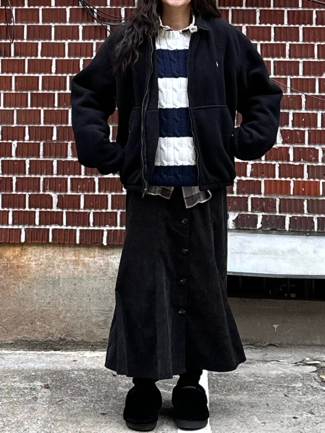 폴로 플리스 스윙톱 폴로 스트라이프 니트 폴로 셔츠 골덴 버튼 스커트세트 상품이미지2