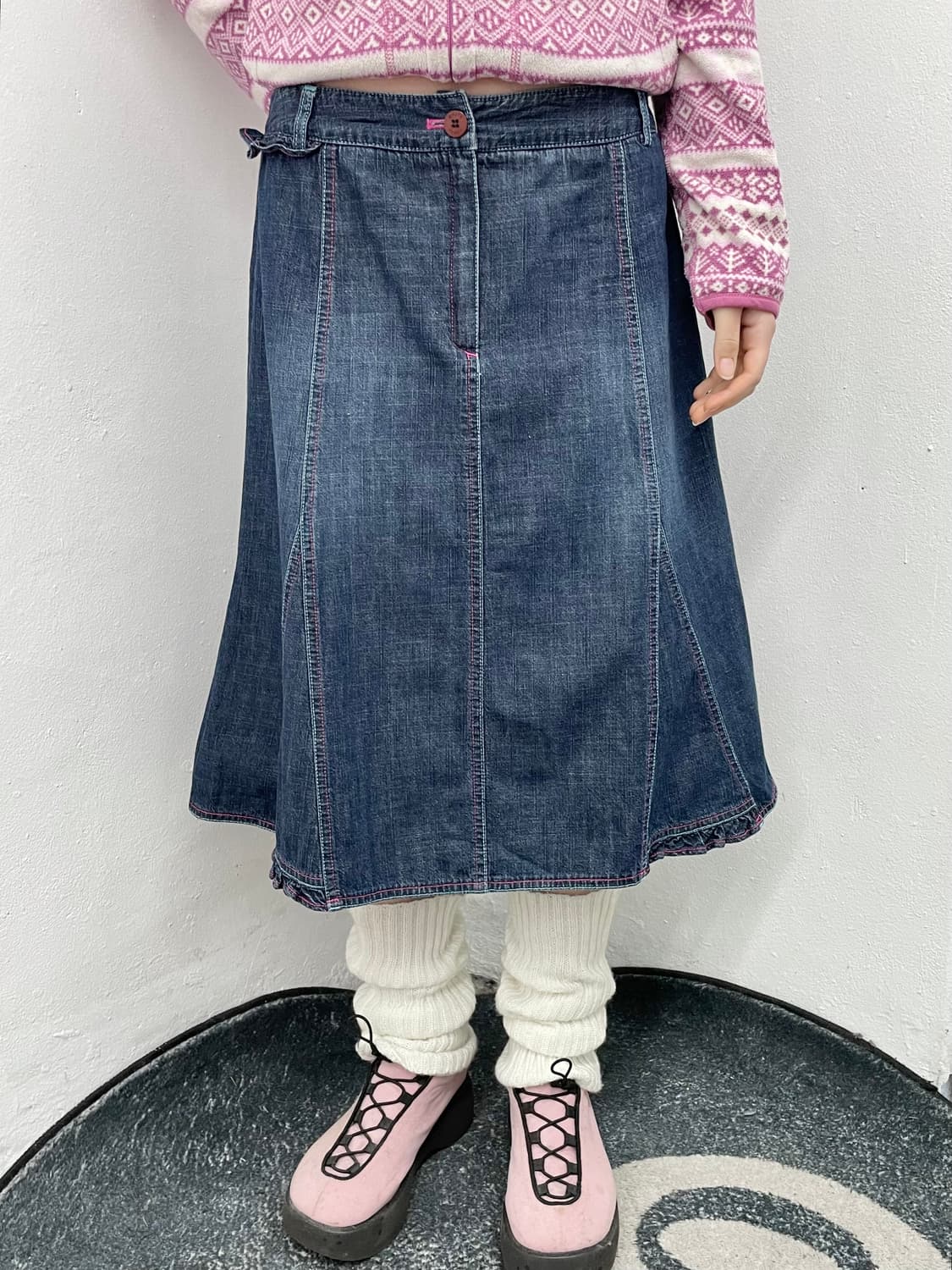 키치 자수 프릴 데님 스커트 상품이미지3