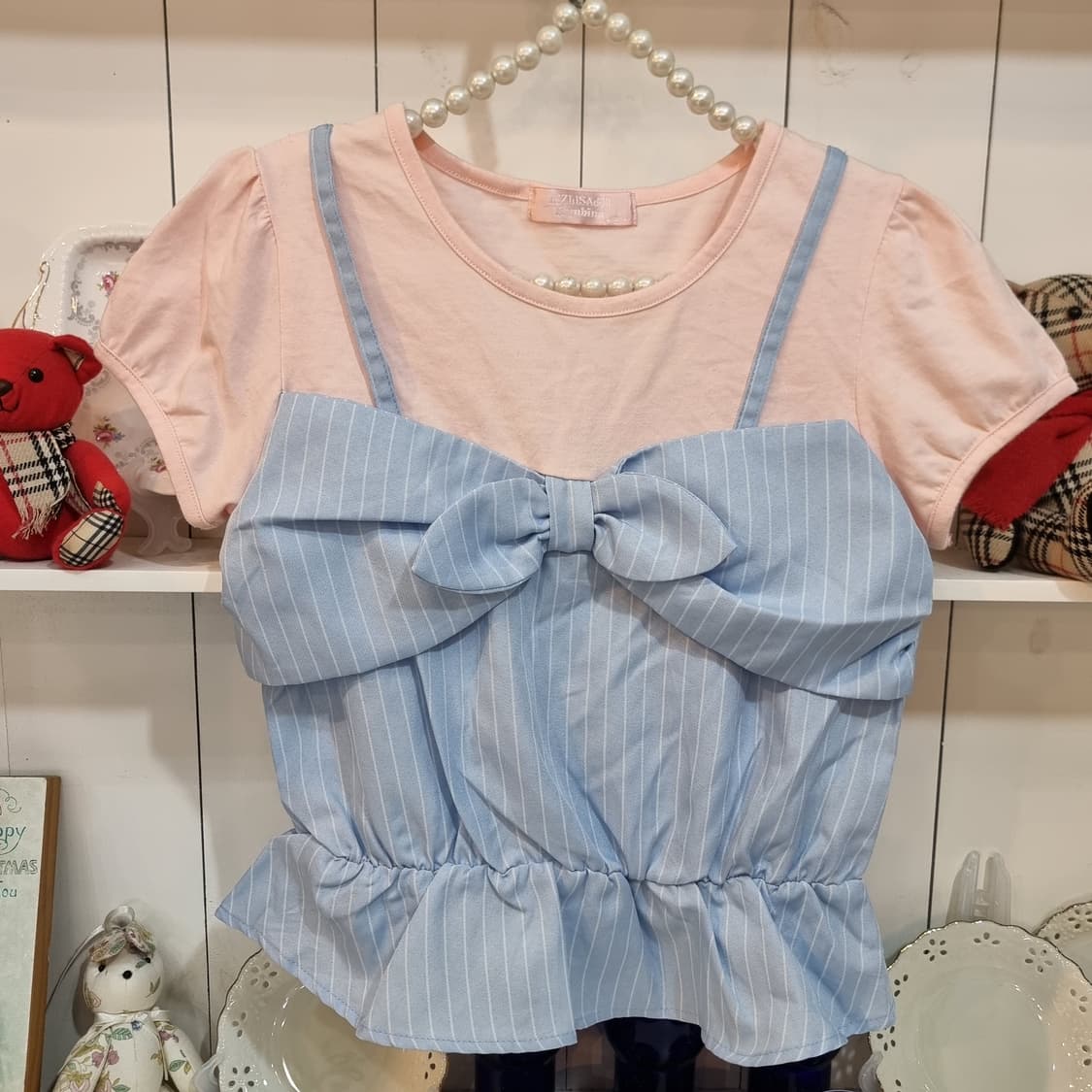 LIZ LISA doll(리즈리사 돌) 핑크×스카이블루 레이어드 리본 티 상품이미지1