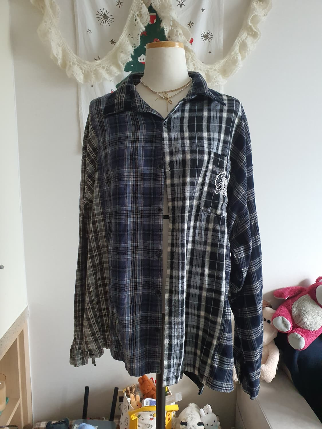 [모리걸] 배색 패치워크 체크 남방 셔츠 상품이미지1