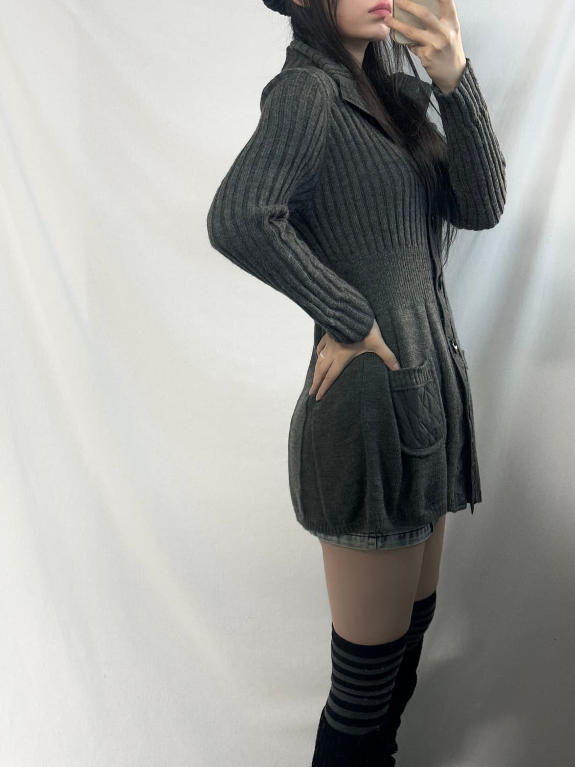 울 블렌디드 퀄트 디테일 셔링 롱 가디건 상품이미지5