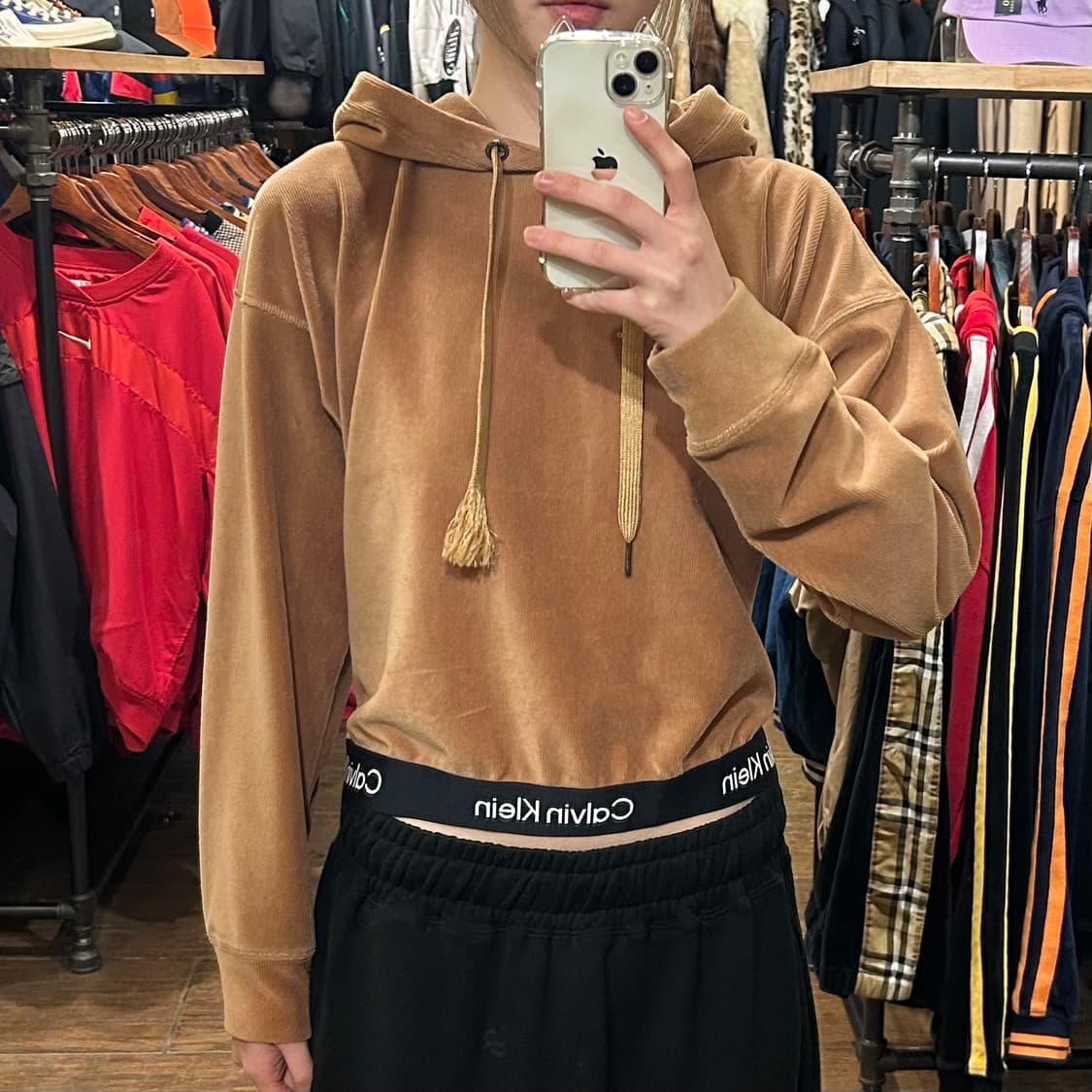 [HI] 캘빈 클라인 세미 크롭 골덴 후드티 브라운  상품이미지1