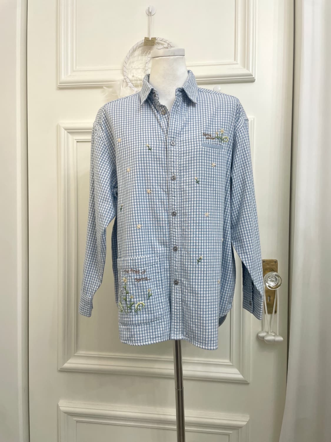 blue gingham check flower embroidery shi 상품이미지1
