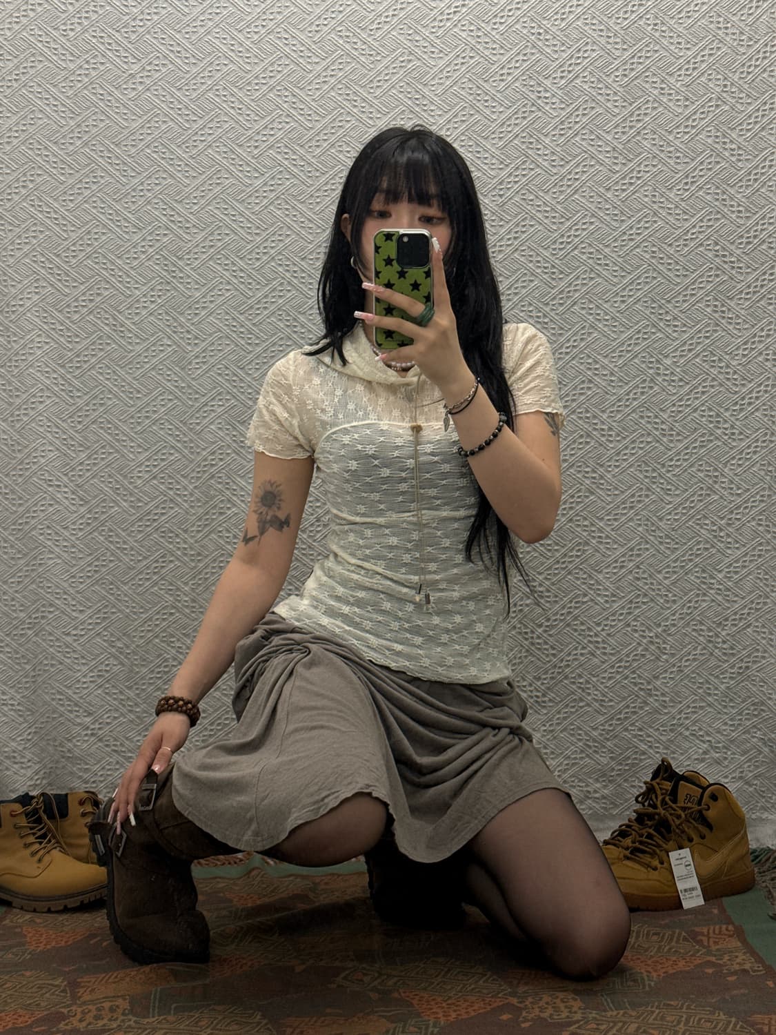스컬프터 빈티지 크링클 시스루 플라워 패턴 후드티 K0318 상품이미지1