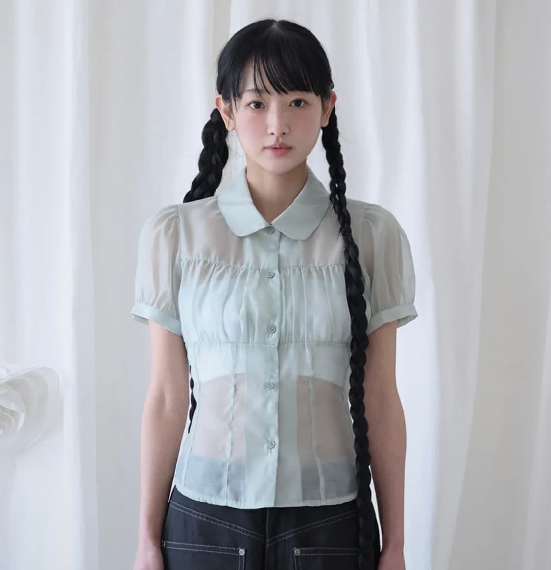 미레코 SHIRRING SHEER BLOUSE PISTACHIO 상품이미지1