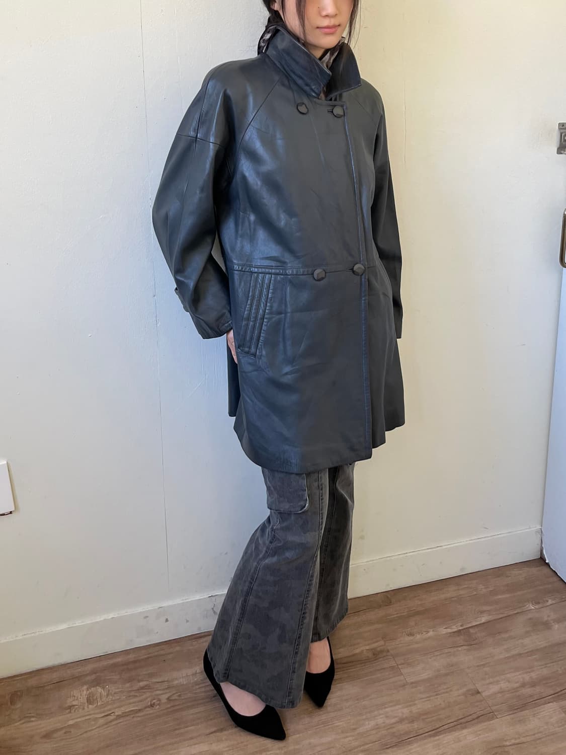 90‘s ANGEL LEATHER 스톤 네이비 레더 자켓 상품이미지5