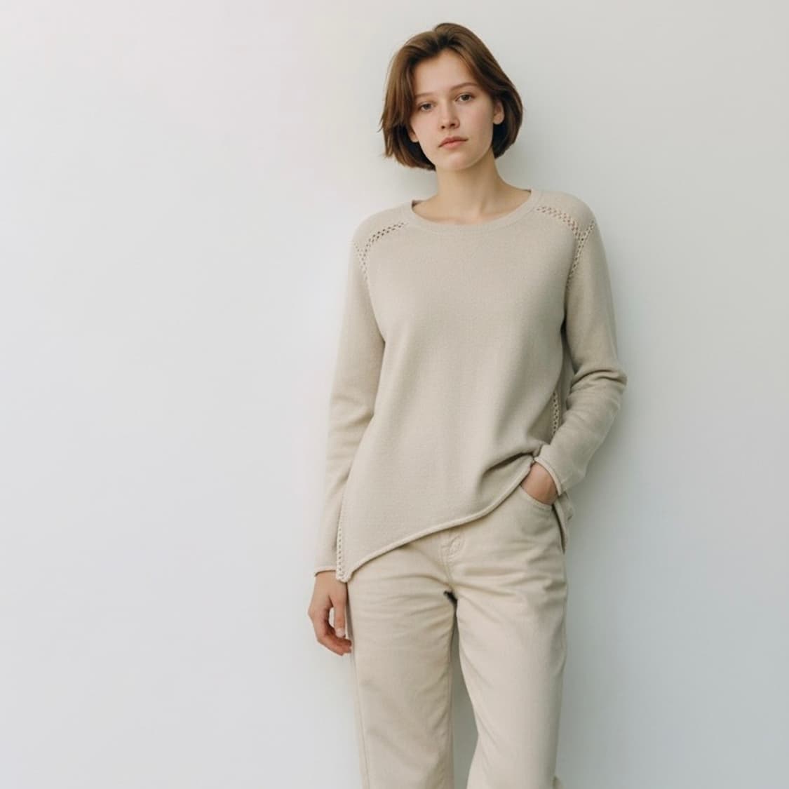 캐시미어 베이지 울 언발 니트 상품이미지1