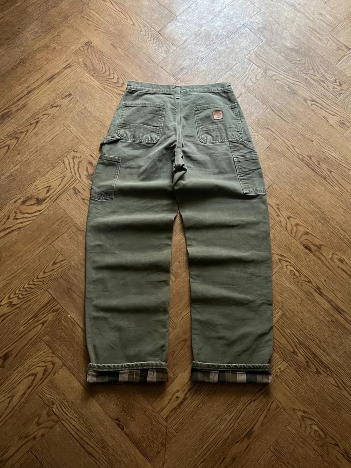 [30]칼하트 USA 덩가리핏 체크 라이닝 모스그린 카펜터 워크팬츠 M9 상품이미지1