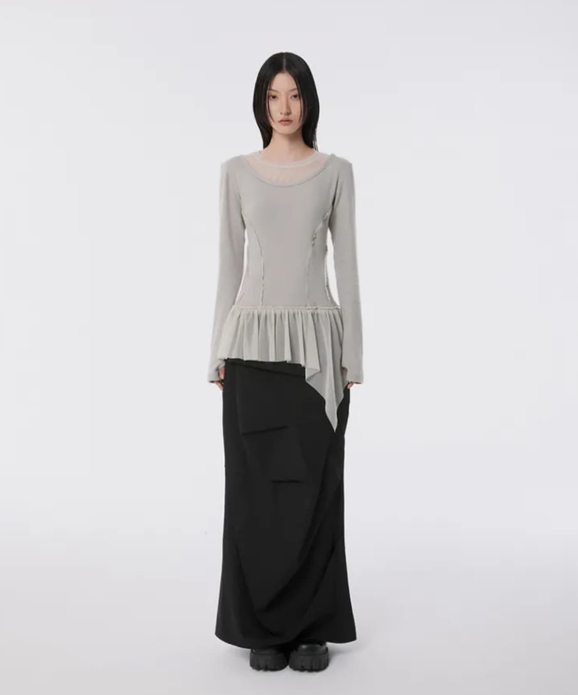 플레어업 레이어드 레이스 프릴 롱 슬리브 그레이 상품이미지1