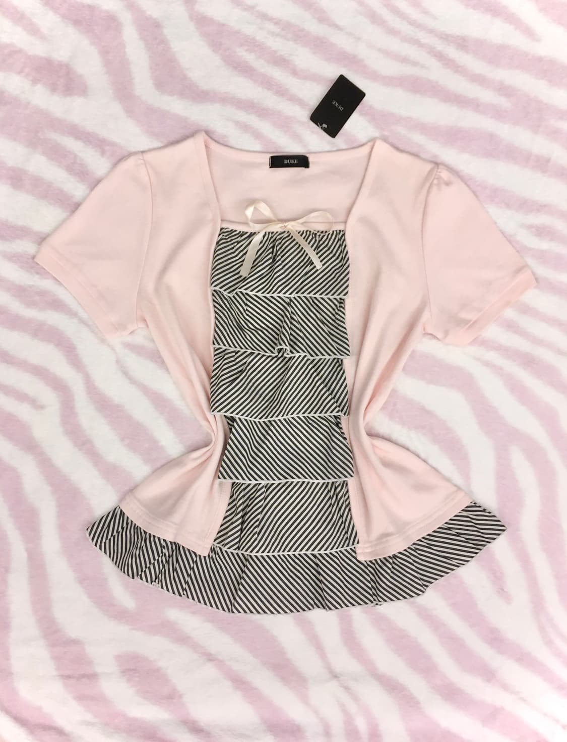 핑크 스트라이프 프릴 리본 로걀탑 히메갸루 러블리 블라우스 상품이미지1