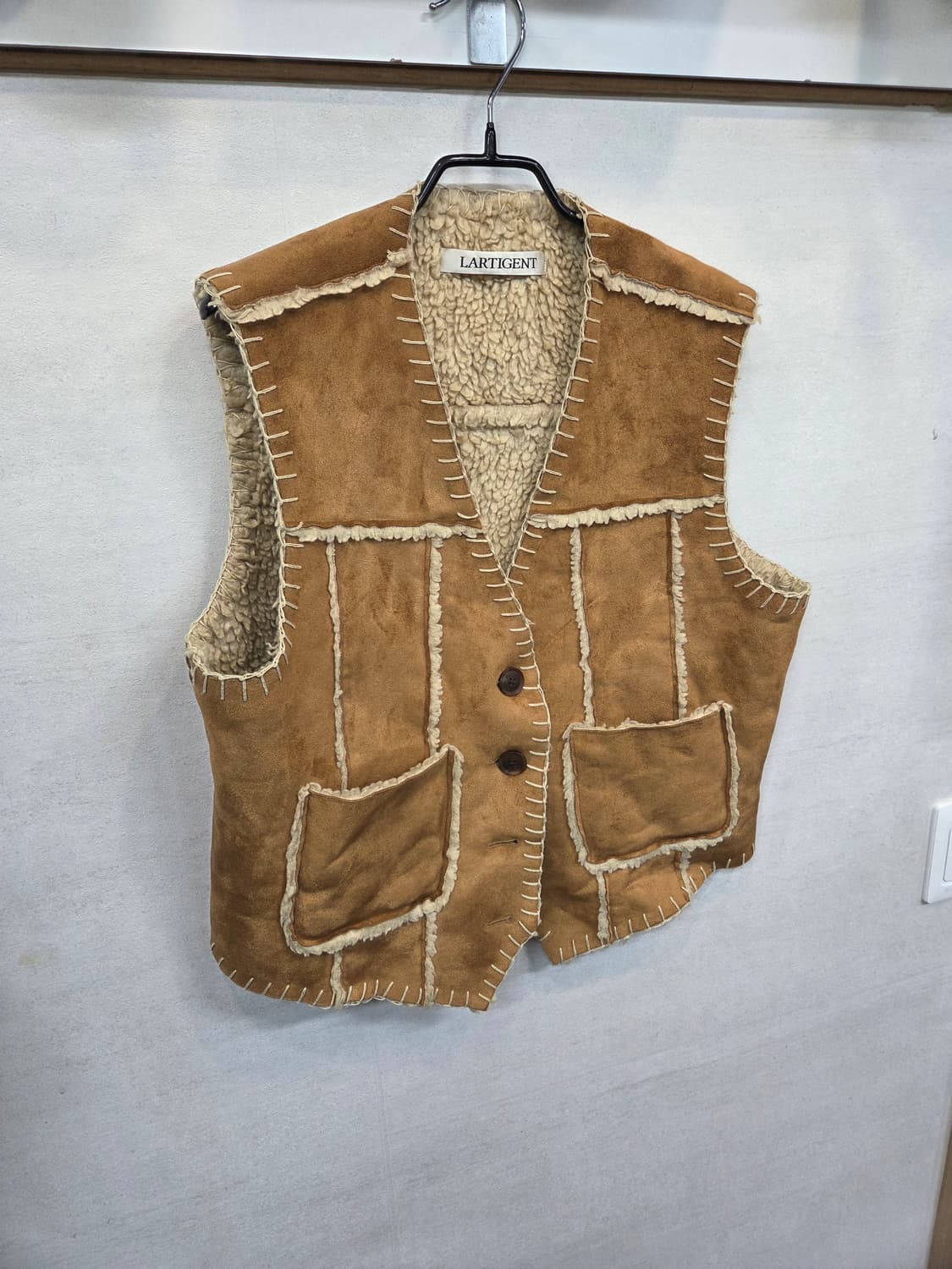 라티젠 스웨이드 빈티지 셰르파 무스탕 조끼 프리 남성 m 상품이미지5