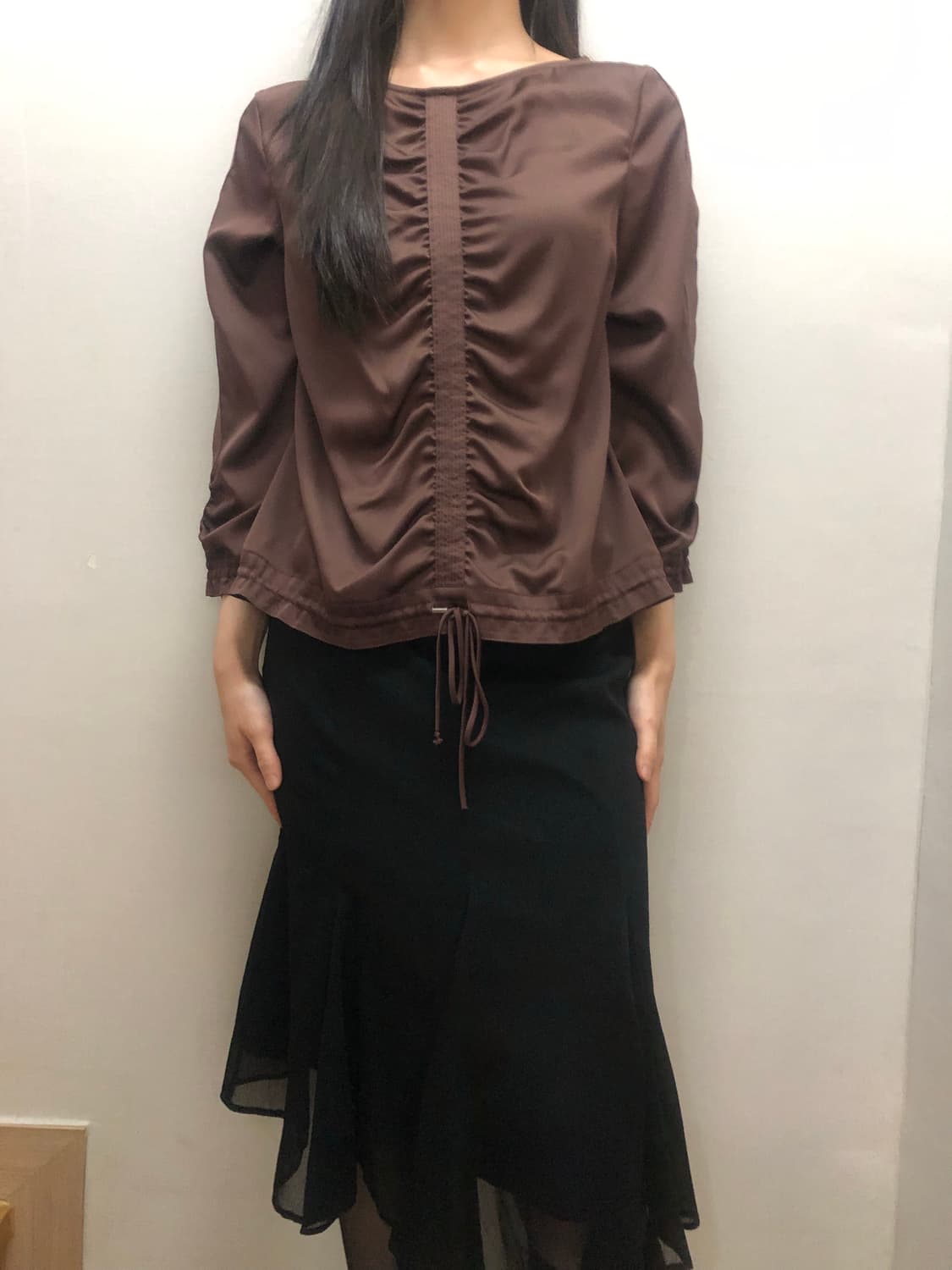 빈티지 브라운 셔링 블라우스 상품이미지2