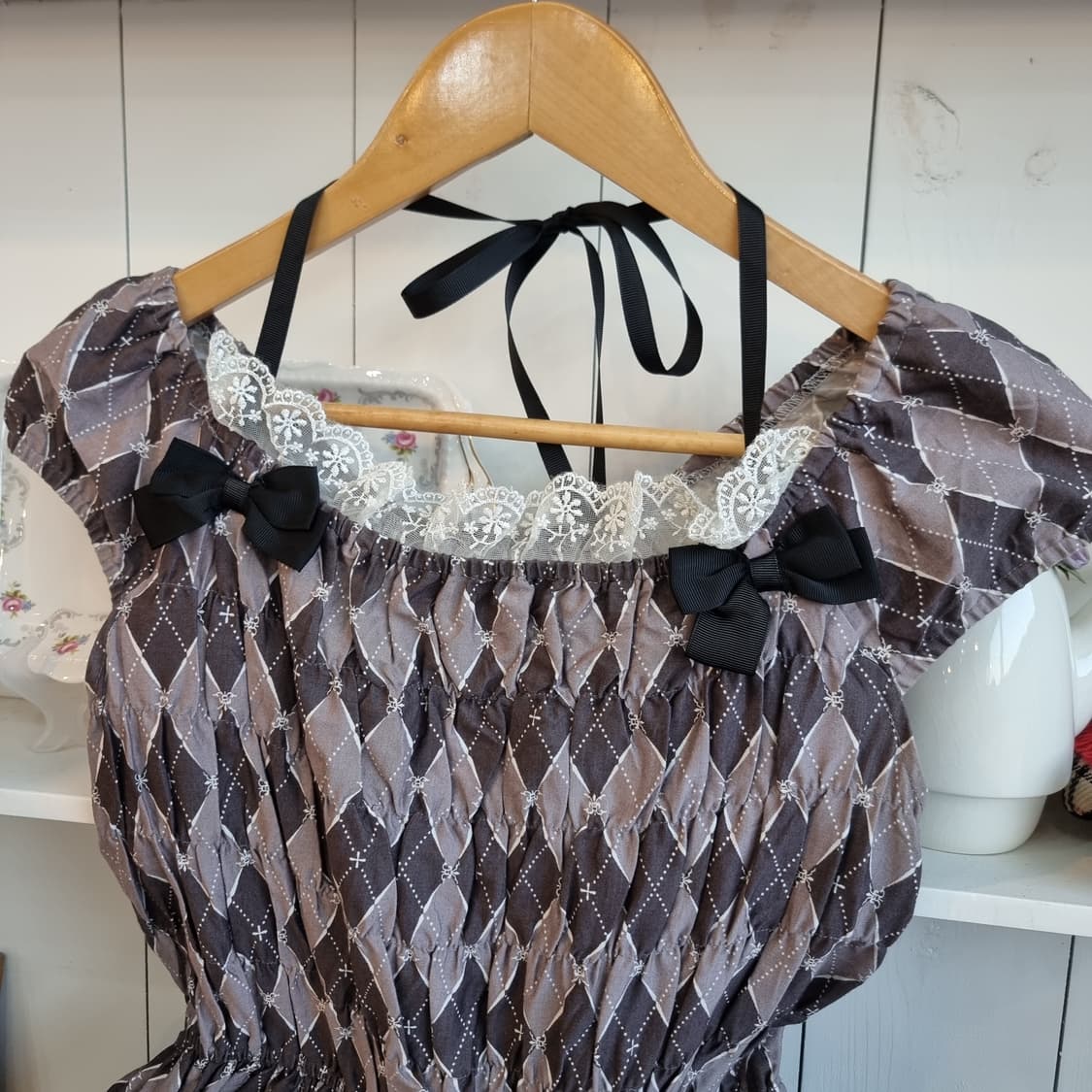 빈티지 다이아몬드 패턴 리본 원피스 상품이미지2