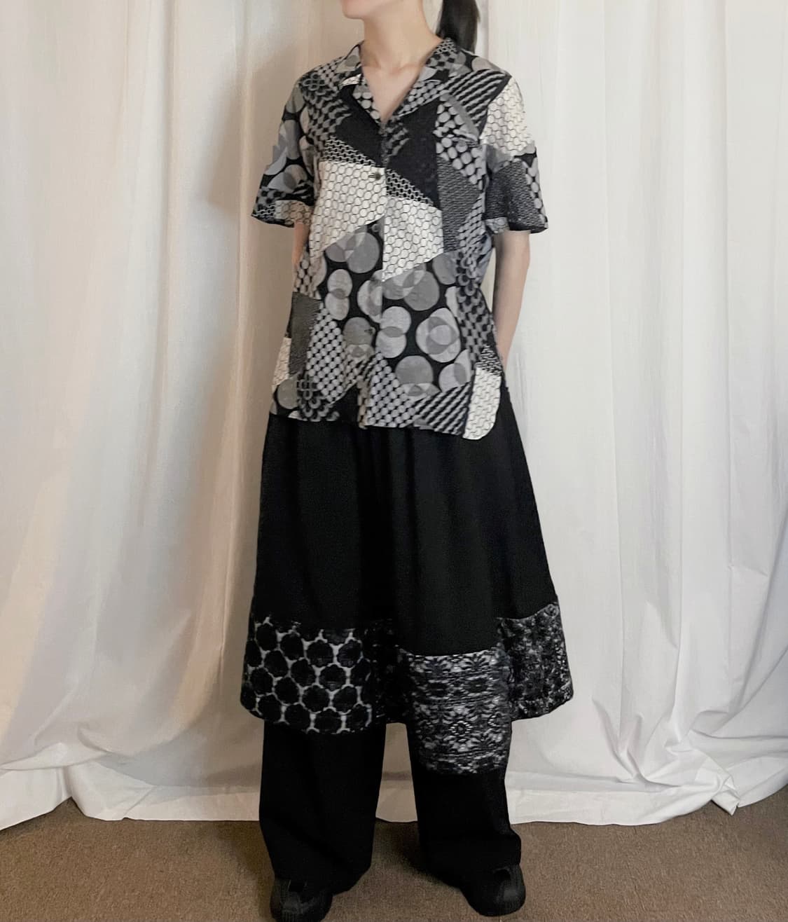 Patchwork Dot Shirt - Black 상품이미지6