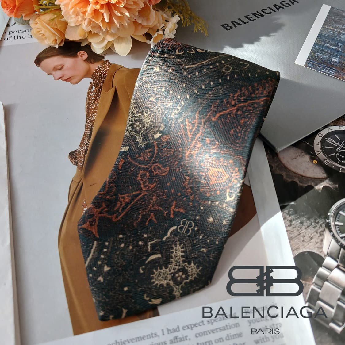 발렌시아가 실크 다크그린 페이즐리 넥타이 8.7cm A+등급 A19581 상품이미지1