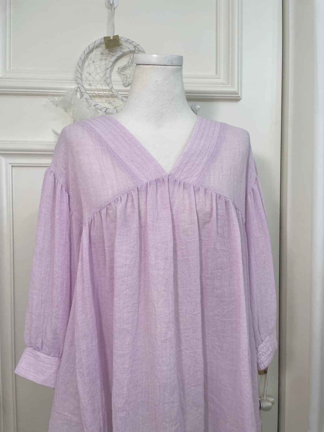 pink lavender cotton v-neck shirring ove 상품이미지5