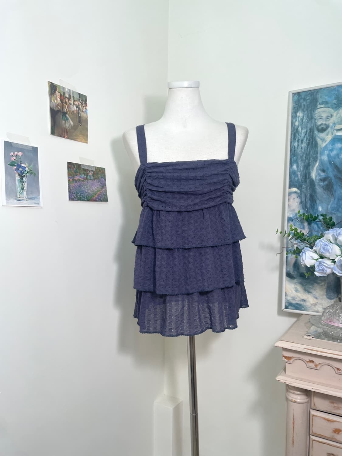 KUMIKYOKU navy crochet lace shirring sle 상품이미지1