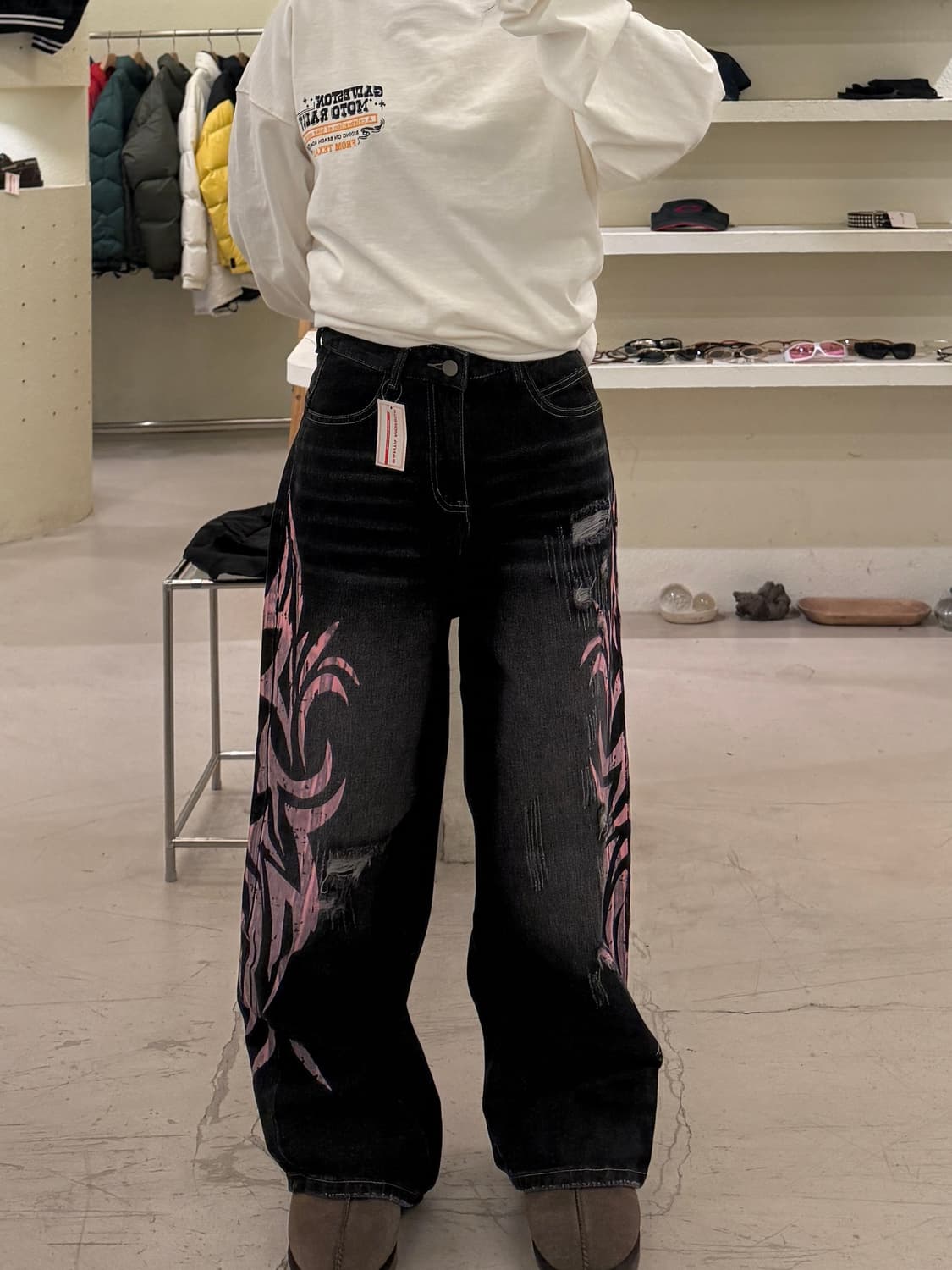 빈티지 흑청 데미지 페인팅 벌룬 데님 팬츠 U886 상품이미지1