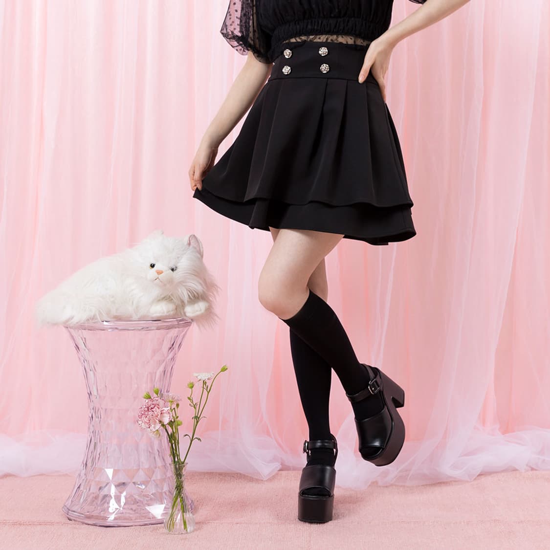 디마럽 디어 마이 러브 로즈 장미 버튼 티어드 플레어 미니 스커트 상품이미지1