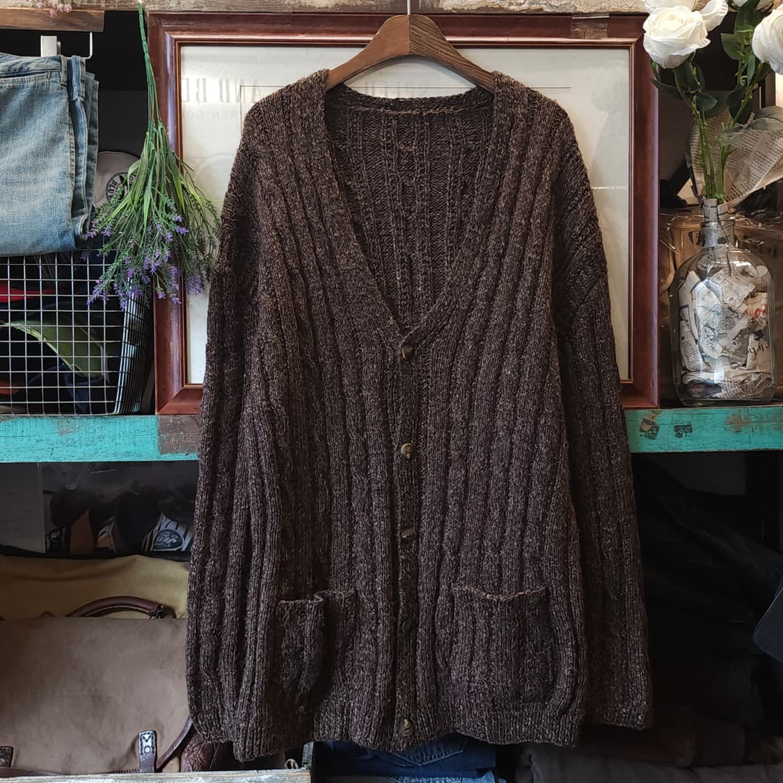 90s 프렌치 헨드메이드 울 가디건 헤비울 스웨터 빈티지 니트 꽈배기 L 상품이미지1
