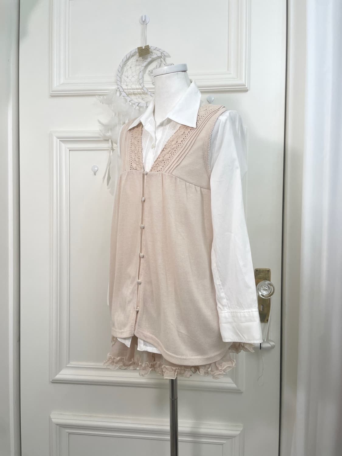 coral beige knit crochet vest cardigan&w 상품이미지2