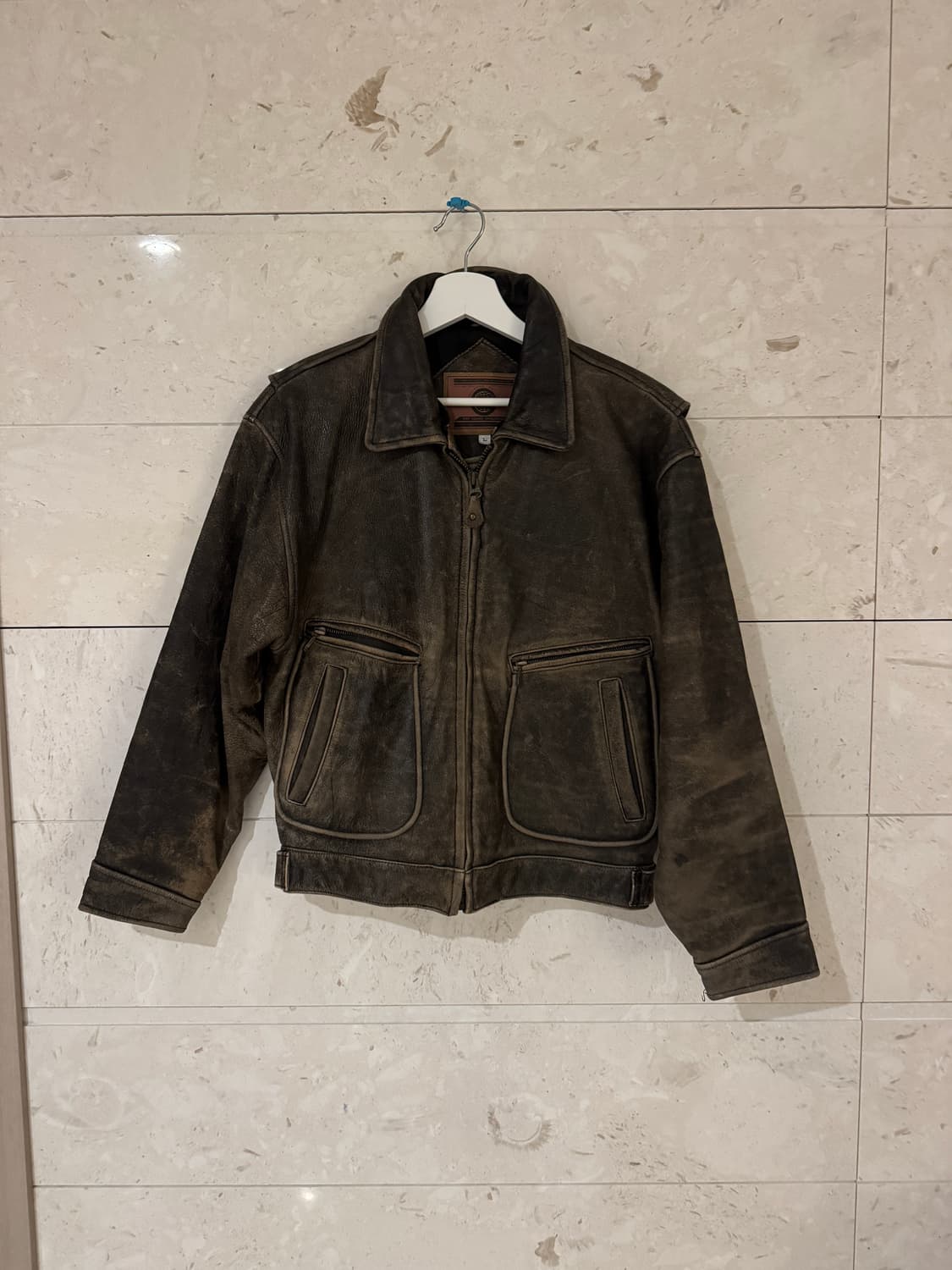 빈티지 레더 자켓  BR 과 BK 사이의 컬러감  사이즈 남자 L 레더전 상품이미지1