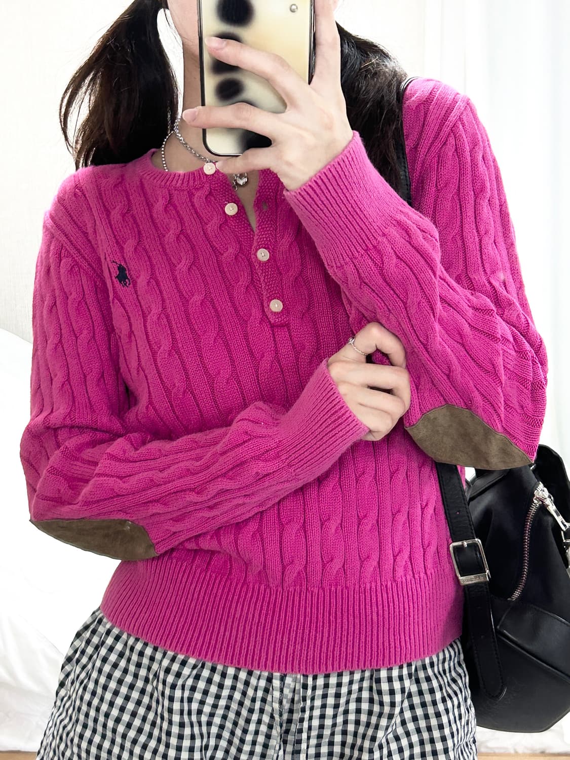 폴로 마젠타핑크 반버튼 케이블니트 상품이미지5