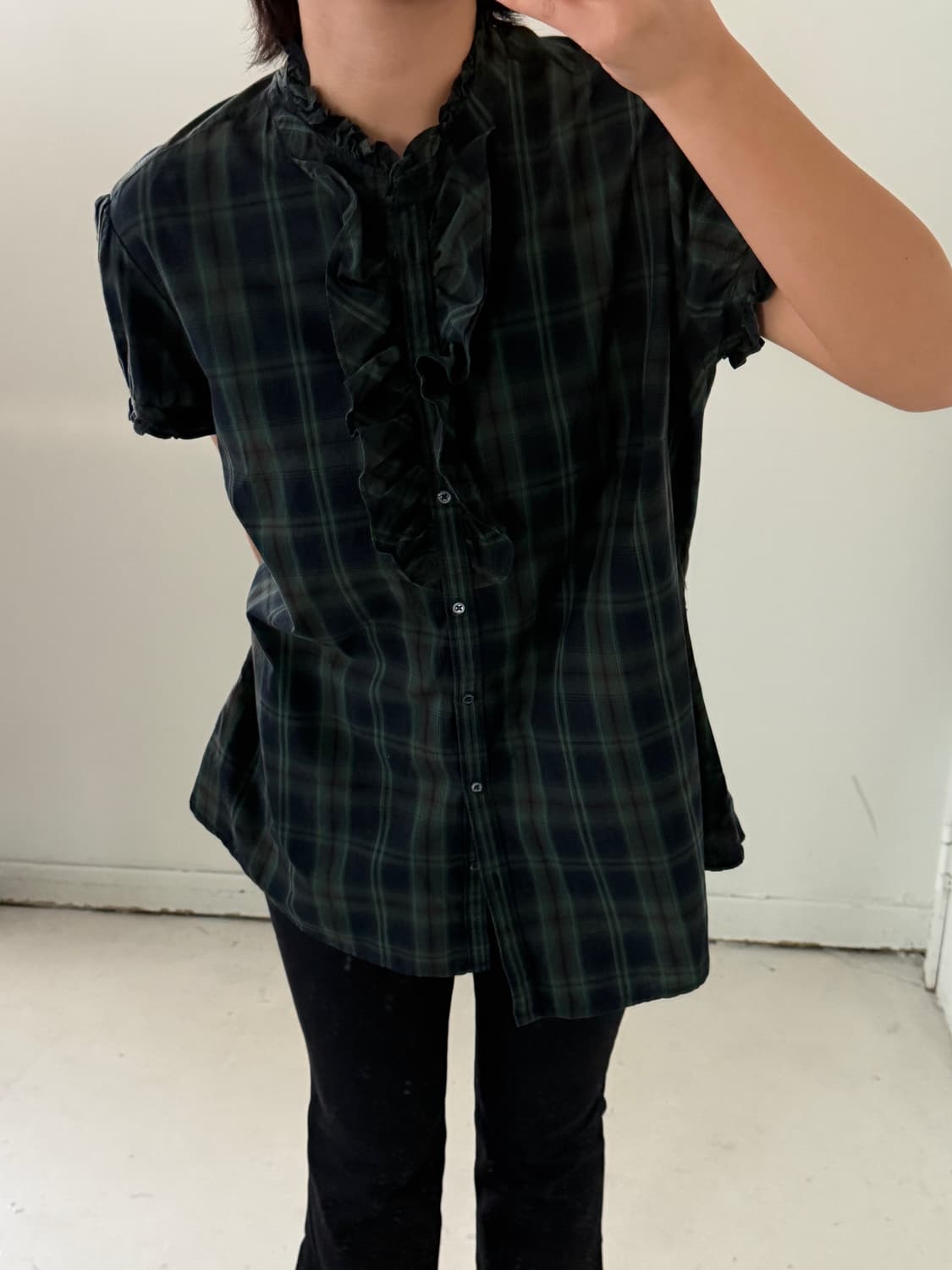 일본빈티지 Gap 타탄체크 프릴 반팔블라우스 상품이미지1