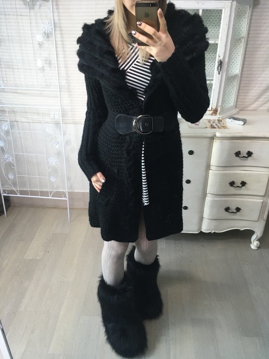 일본빈티지 블랙 퍼 카라 벨티드 가디건 상품이미지5