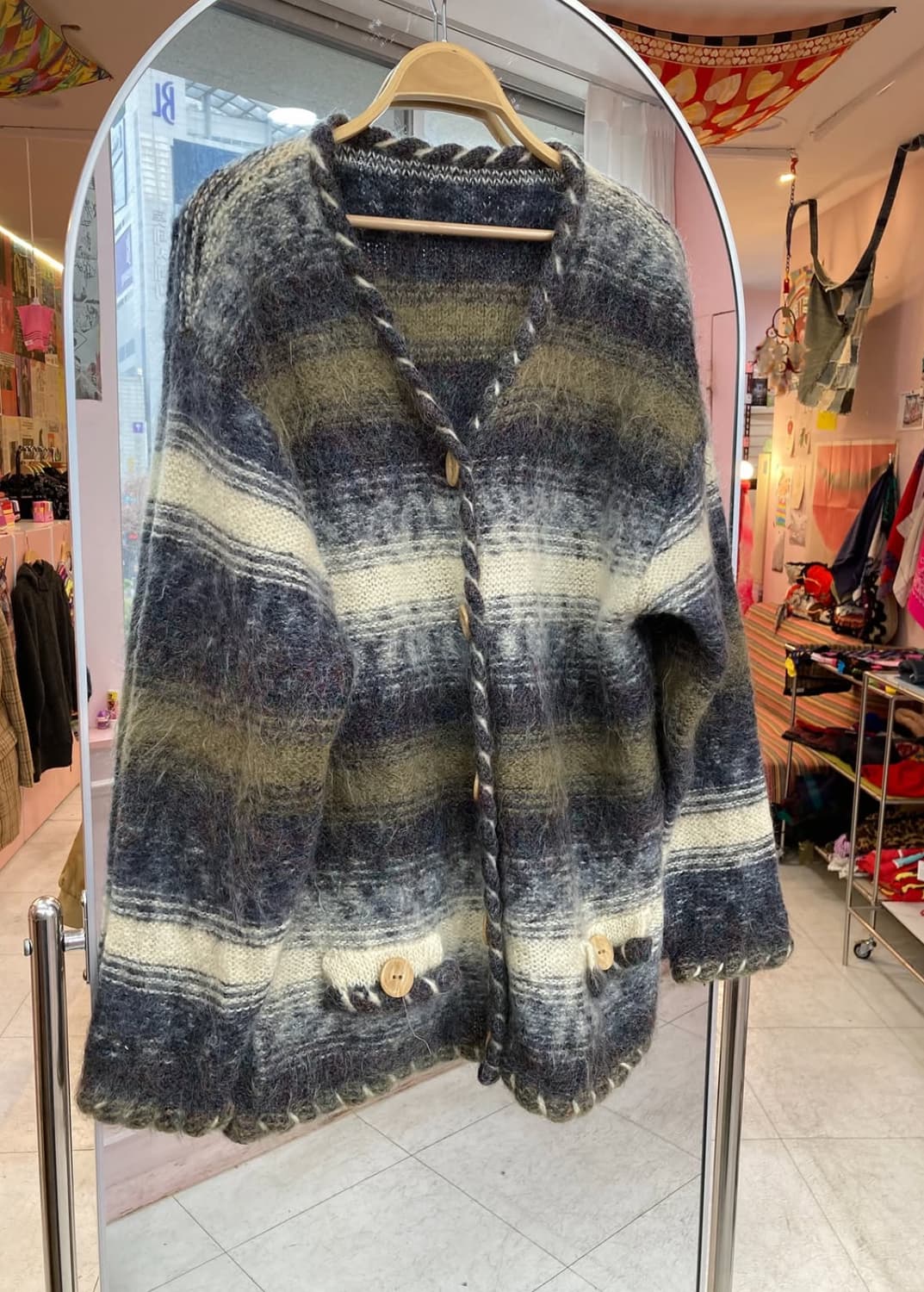 빈티지 네이비 스트라이프 버튼 가디건 상품이미지1