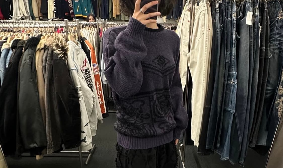 OS)Japanese vintage 패턴 퍼플 니트 (핀홀) 상품이미지1